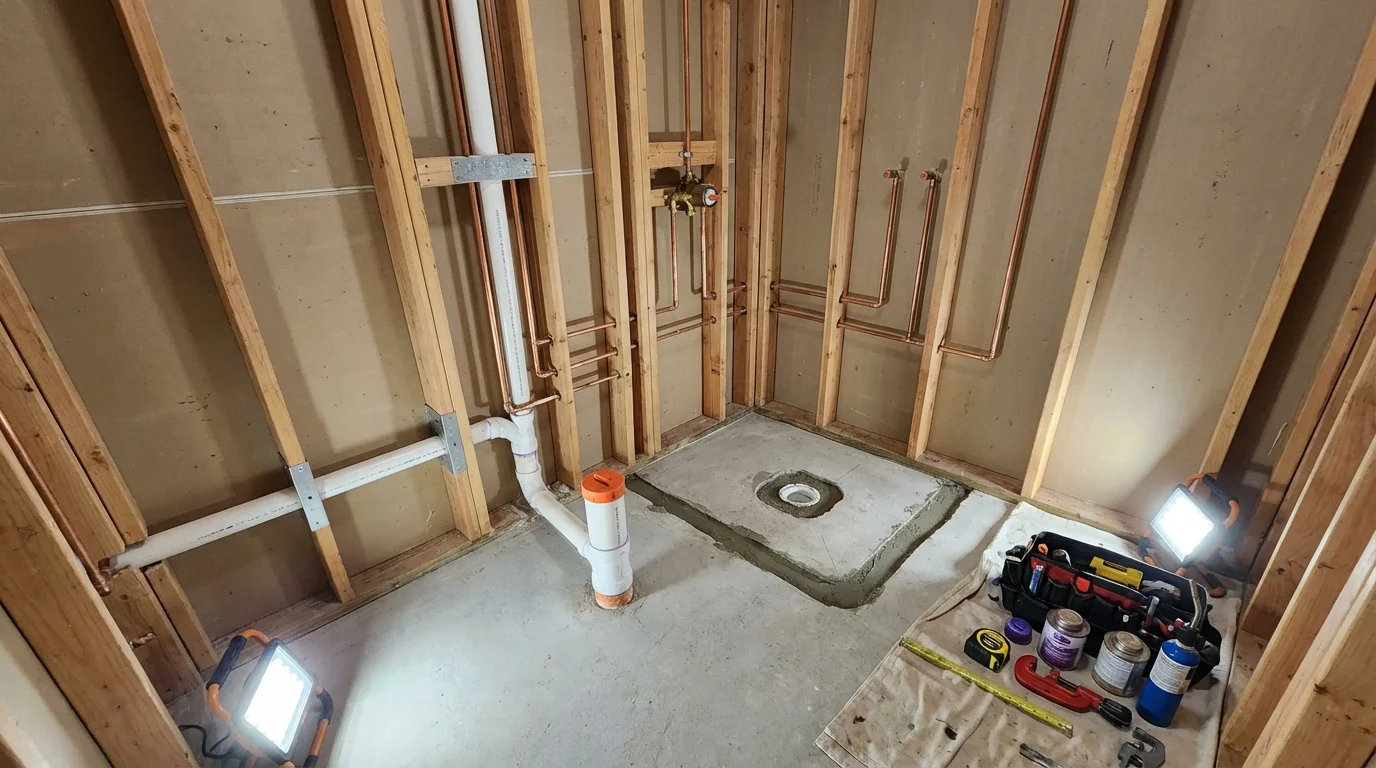 Bathroom rough-in plumbing during remodel by Johns Plumbing LLC in Harrisonburg