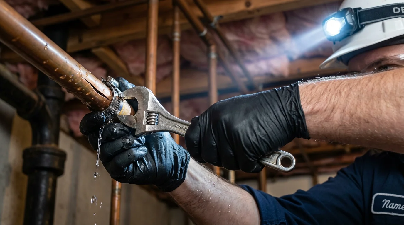 Emergency pipe clamp repair being performed by a Johns Plumbing LLC plumber in Harrisonburg