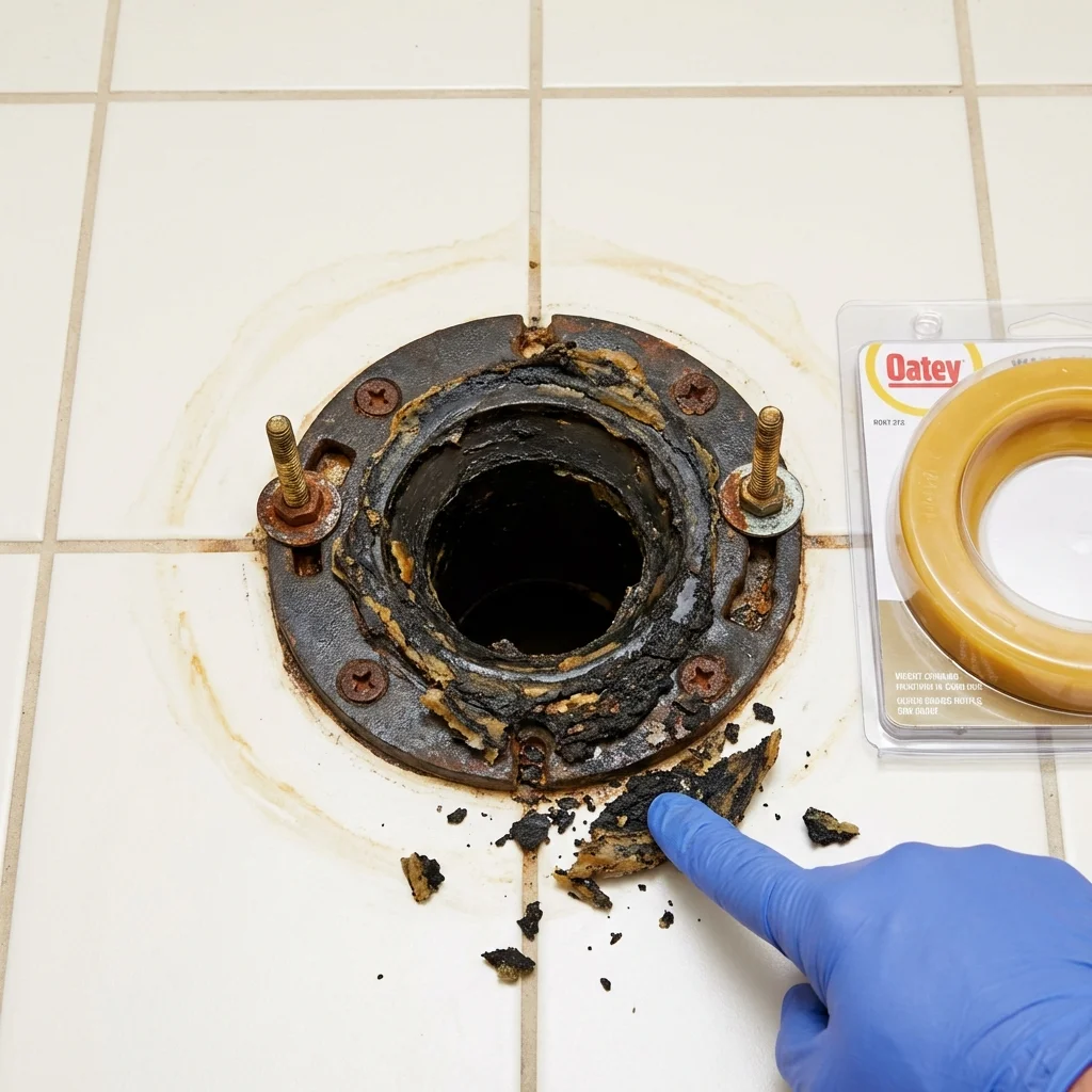 Failed wax ring showing water seepage at the base of a toilet in a Harrisonburg, LA home