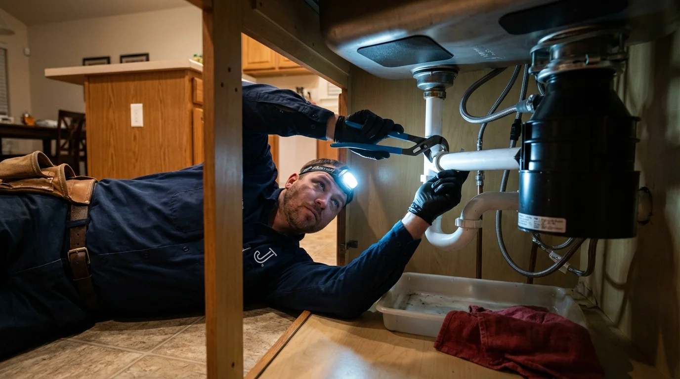 P-trap and supply line connections under a kitchen sink showing a common leak point in Harrisonburg, LA